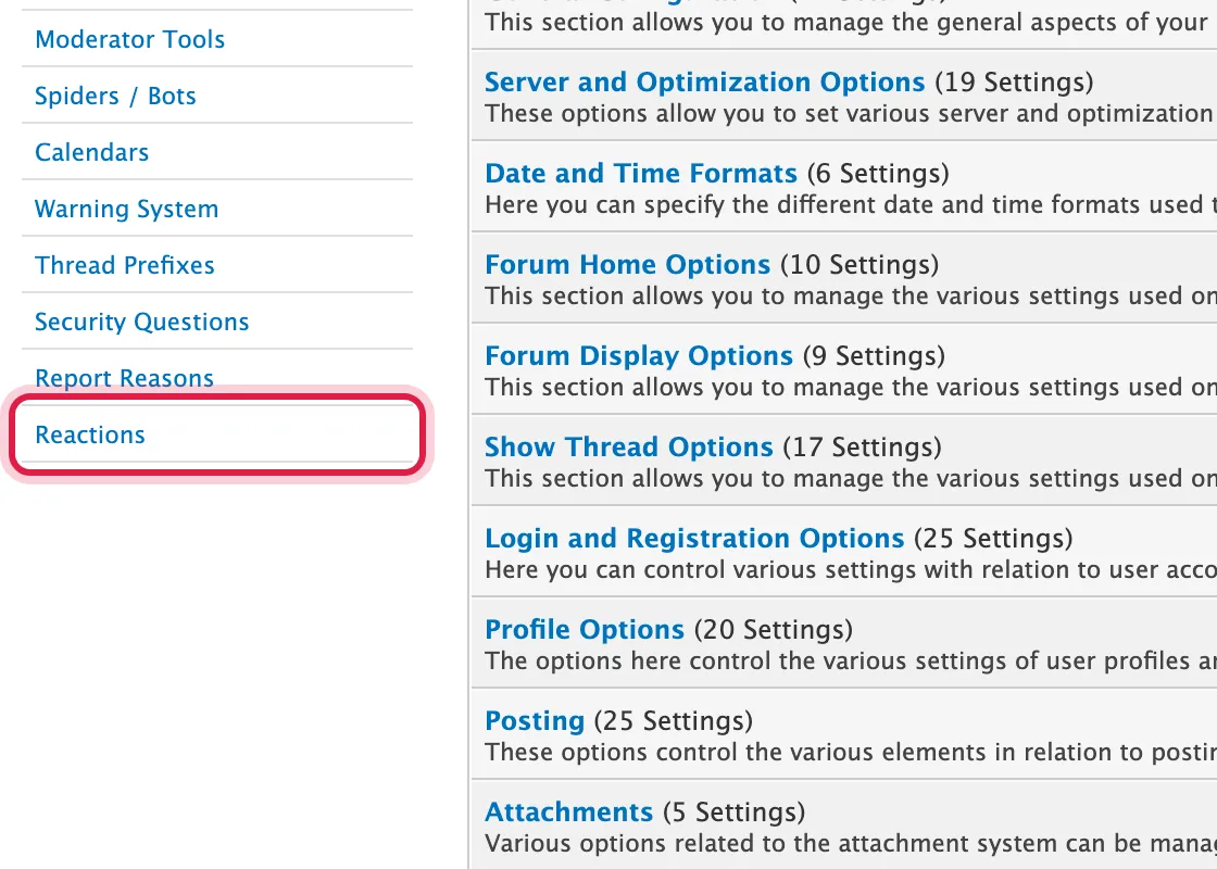 The Configuration menu with Reactions circled