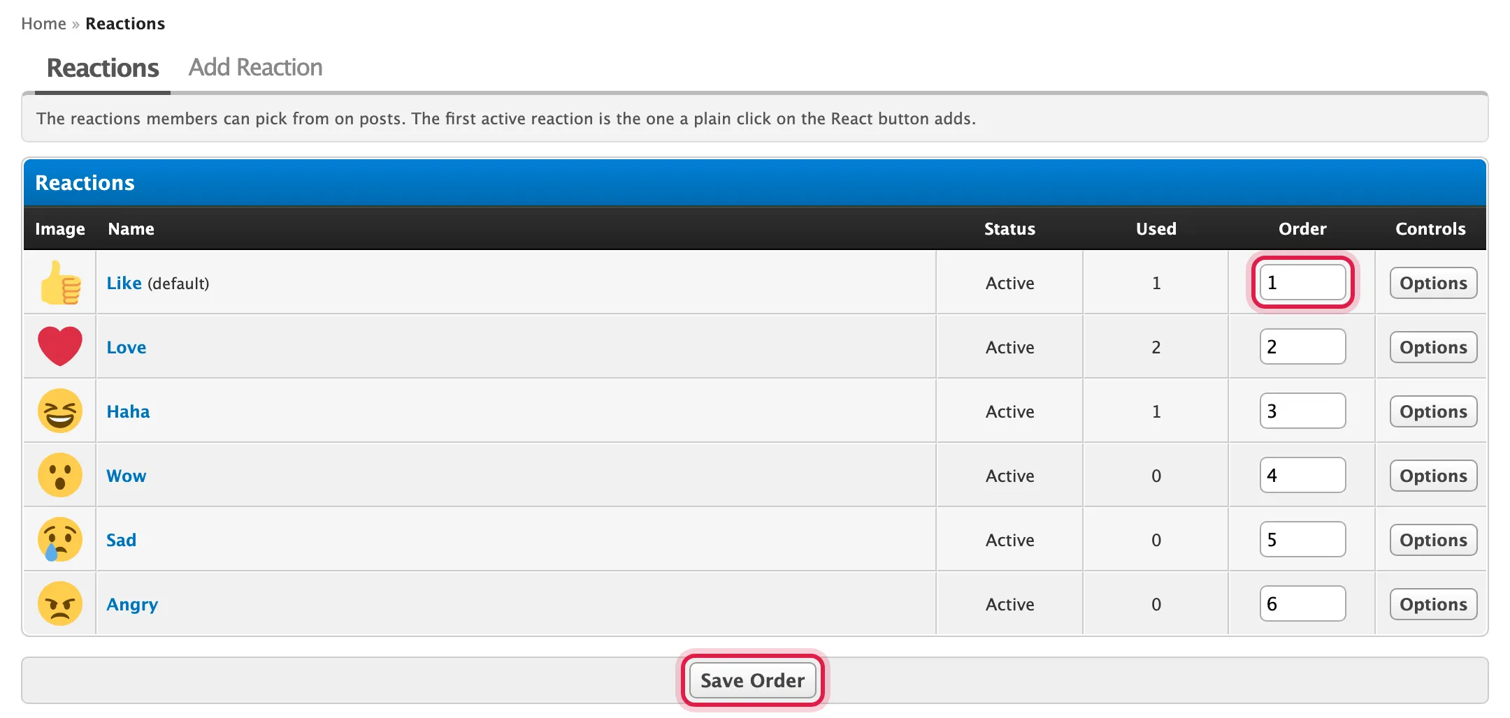 The Order column, with Save Order circled