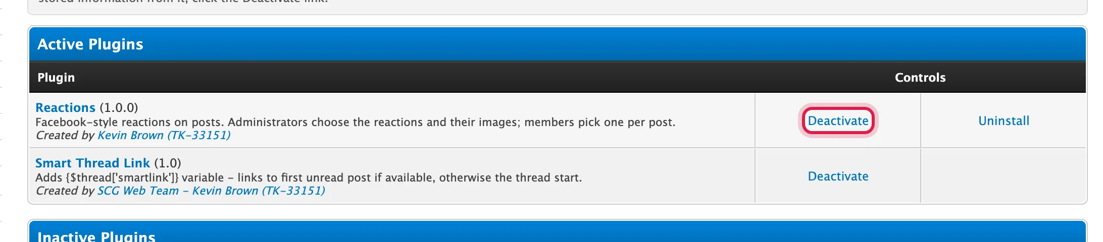 The Plugins page with the Reactions plugin installed and active