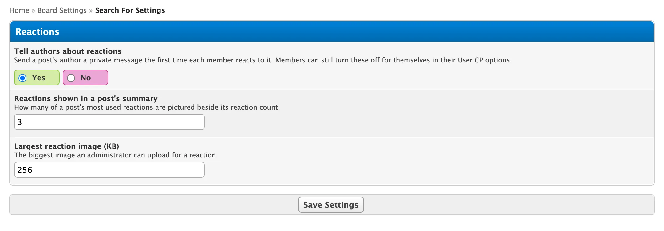 The Reactions settings group