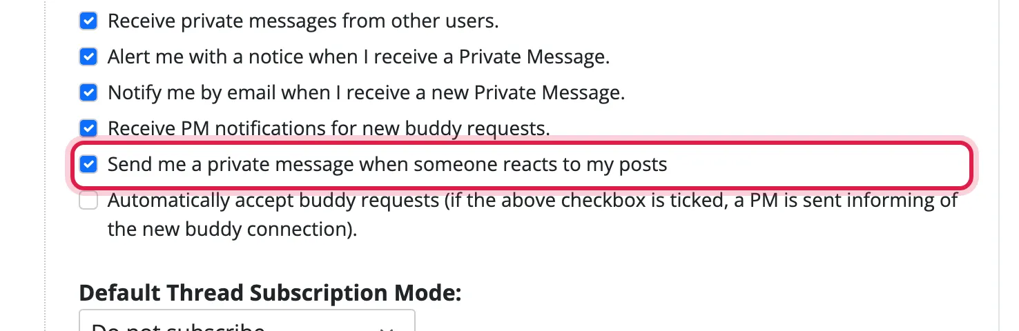 The User CP options, with the reaction notification checkbox circled